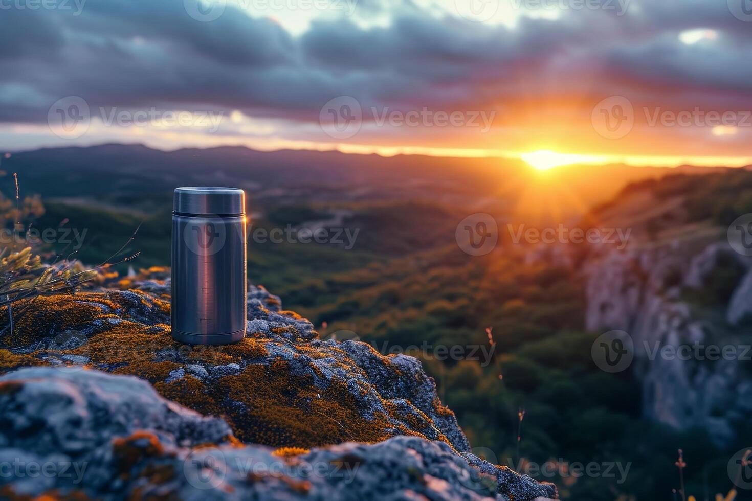 AI generated An outdoor thermos flask stands on a rock at sunset photo