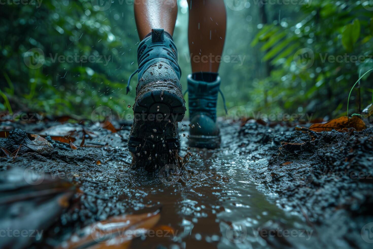 AI generated A man walking through mud in the middle of the jungle in rainy weather photo
