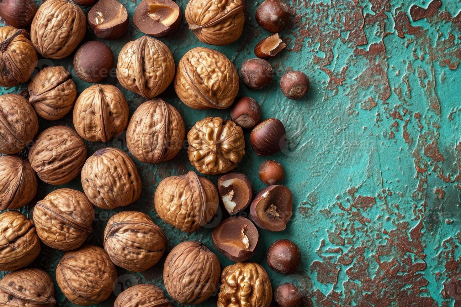 AI generated Walnuts in the shell and without it lie on the surface. Background of fresh walnuts photo