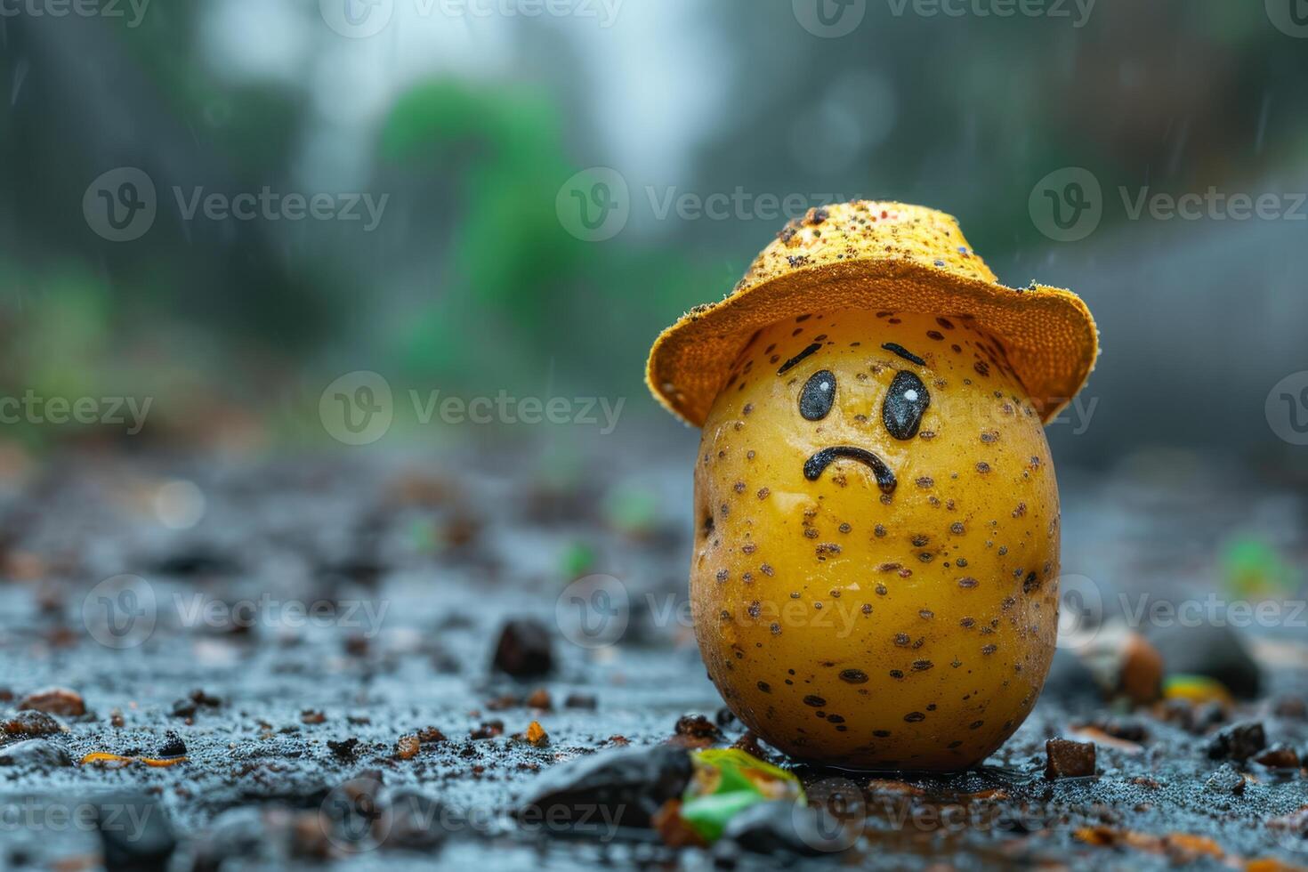 AI generated Potatoes in a yellow hat with a sad smiley face photo