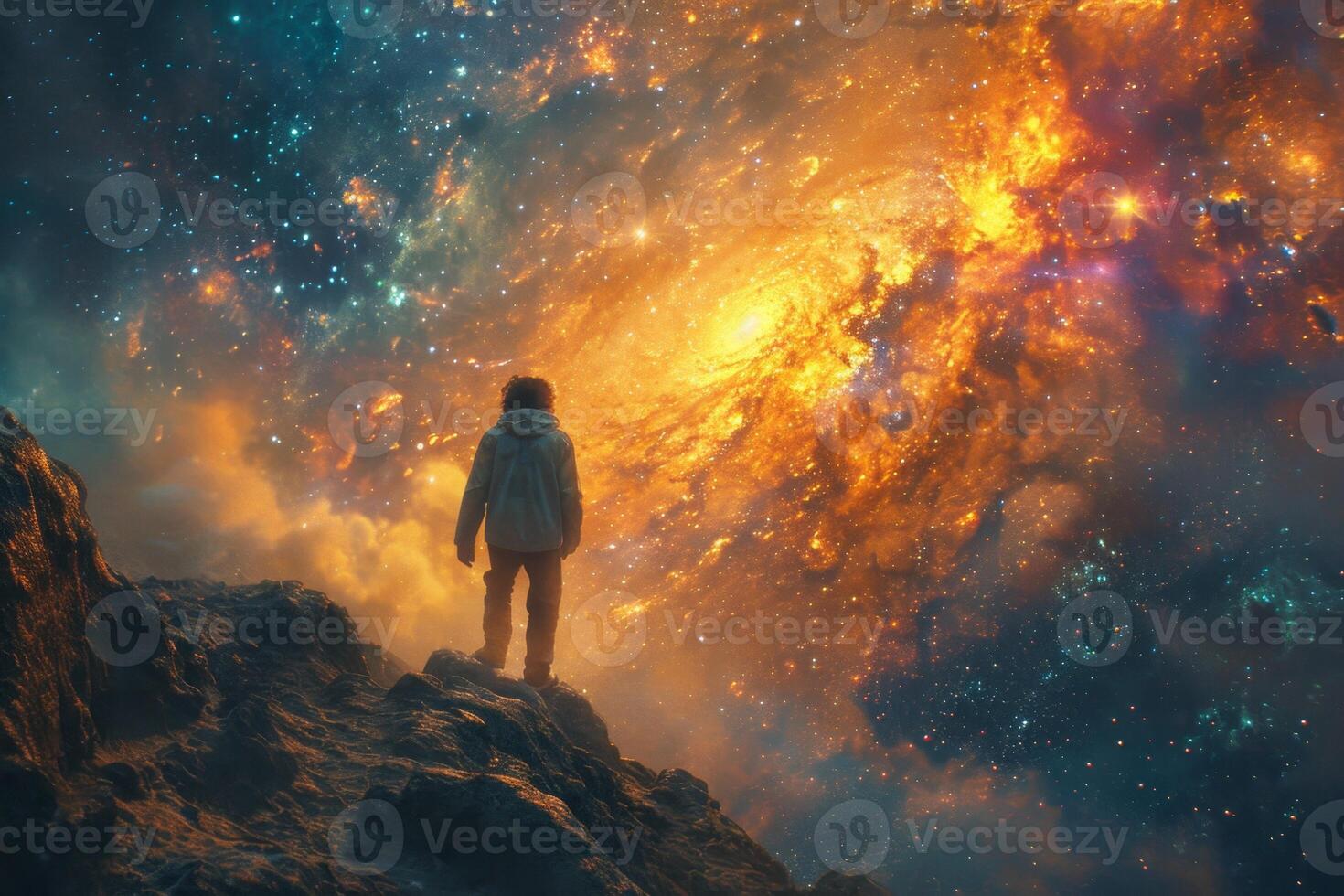 AI generated The Milky Way. The night sky with stars and the silhouette of a standing man . Space background photo