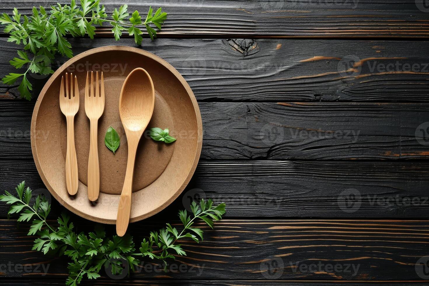 AI generated eco-friendly disposable tableware made of wood on a wooden background. the concept of recycling photo