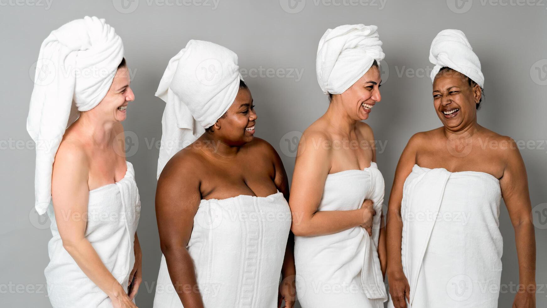 Happy females with different age and body size having skin care spa day - People wellness and selfcare concept photo