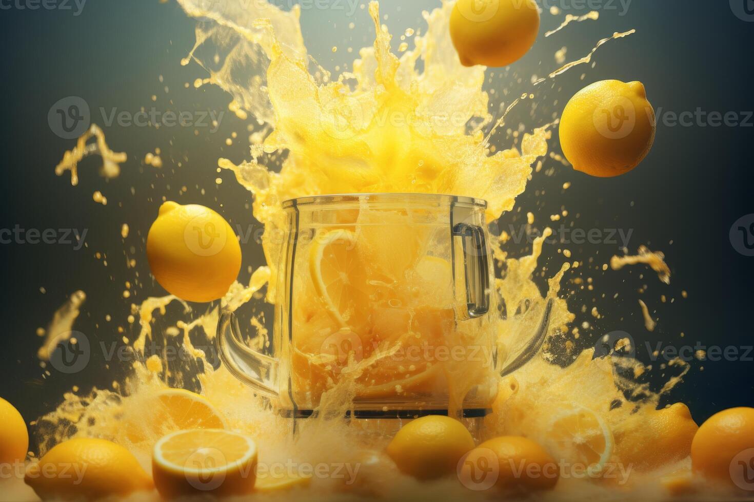 AI generated Lemons and splashes of lemon juice around the decanter photo
