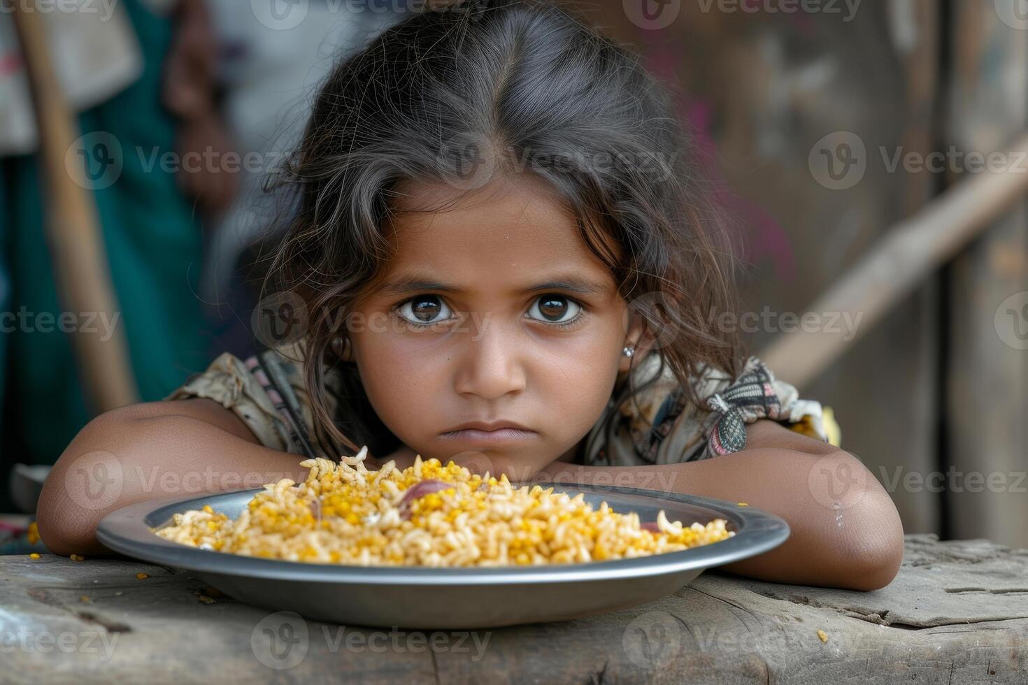 AI generated Little asian hungry child with a plate of food outside photo