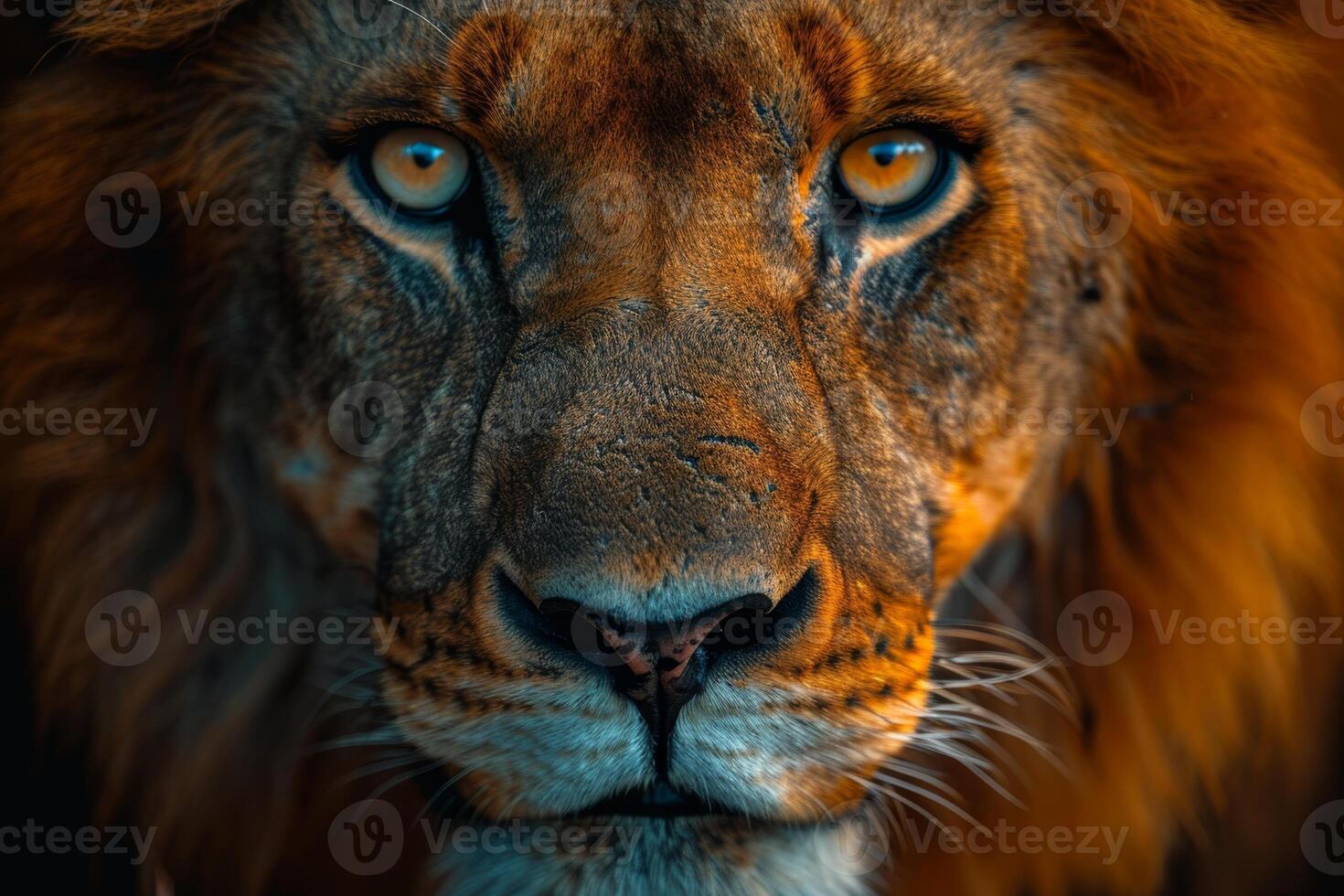 AI generated Portrait of a lion's muzzle in close-up. The Lion's head photo