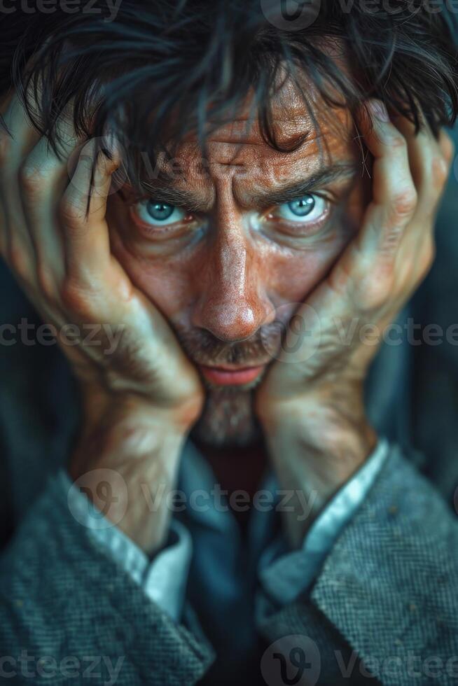 AI generated Portrait of a man holding his head in despair photo