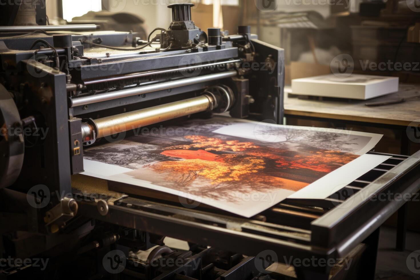 AI generated Printed products of the printing house. The finishing line photo