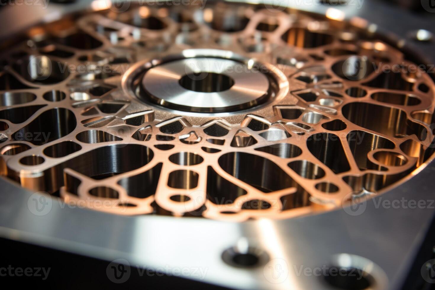 AI generated A beautiful steel product with holes made on a CNC machine. Close-up photo