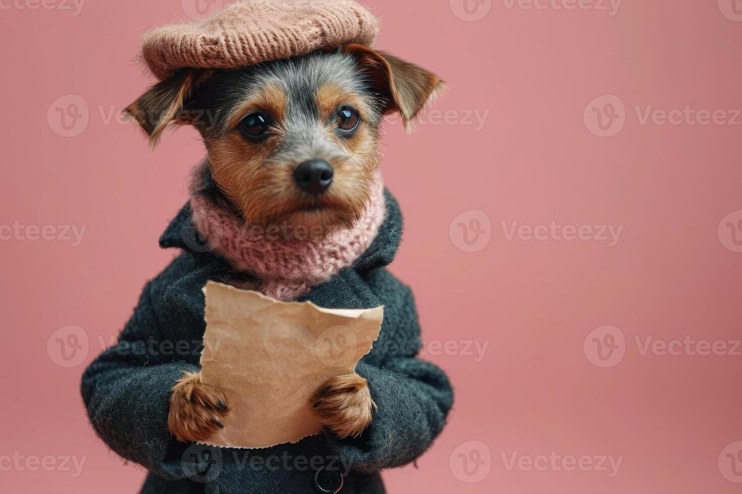 AI generated A dog in a hat and clothes reads a letter on a pink background photo