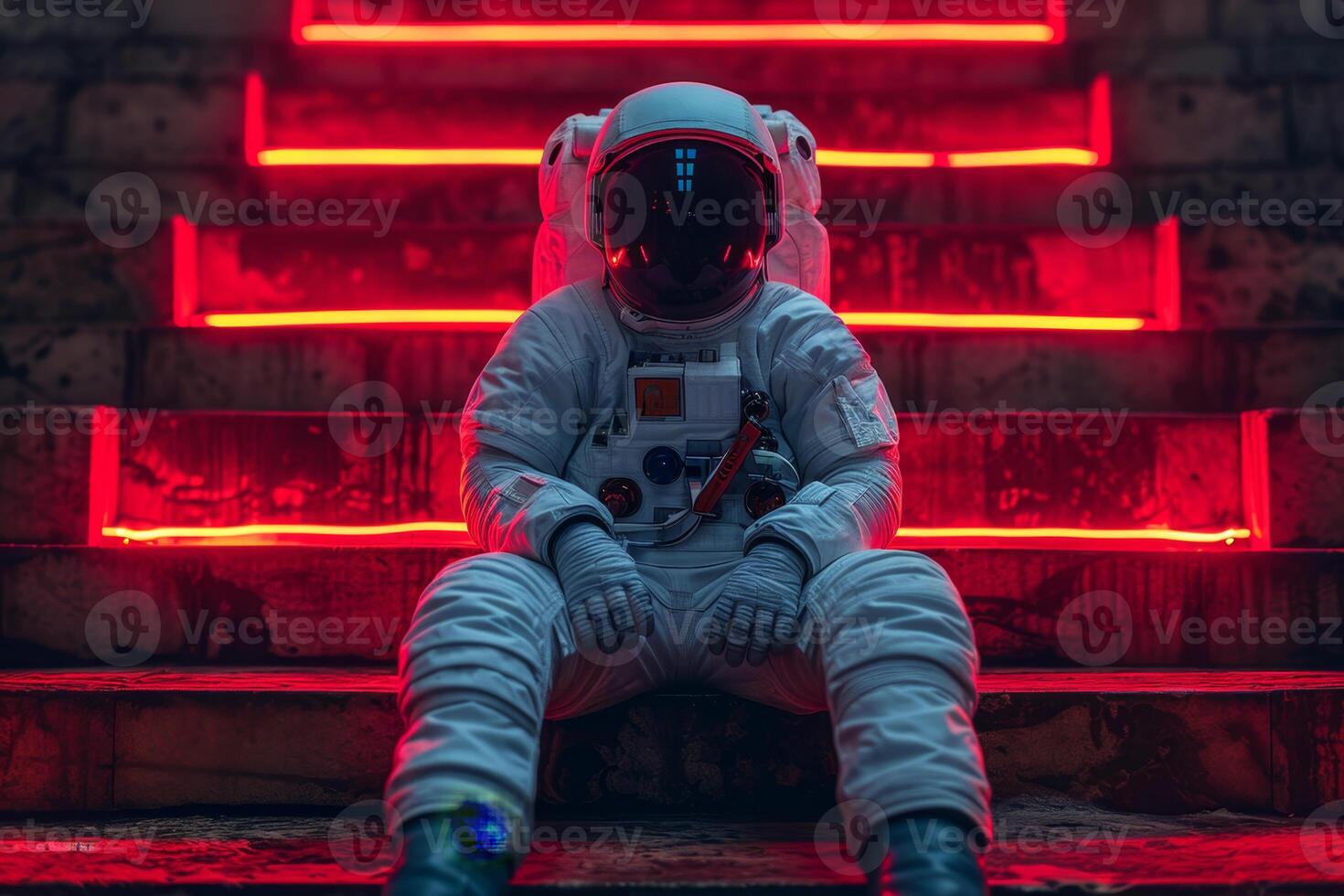 AI generated an astronaut in a white spacesuit and helmet, sitting on the floor in a red neon light photo
