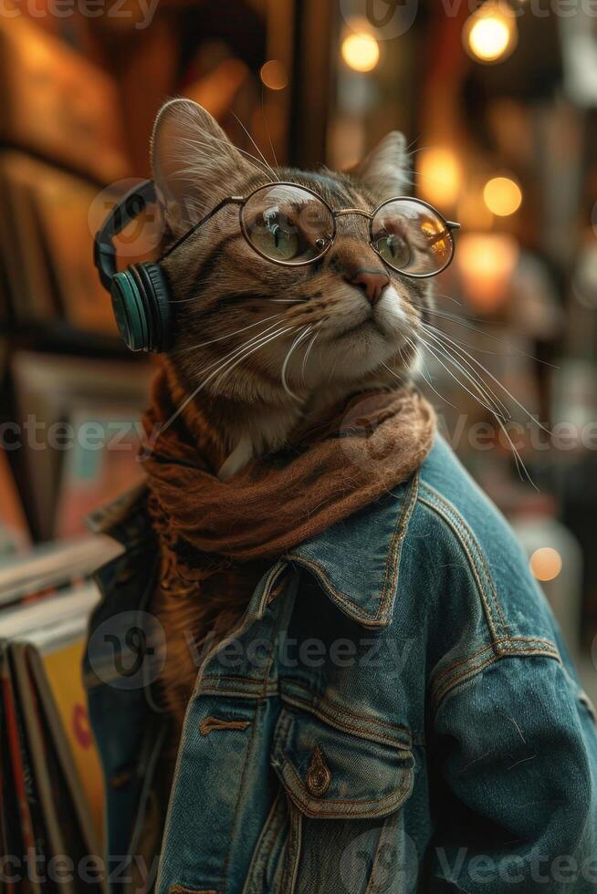 AI generated A cat with headphones in a music store photo