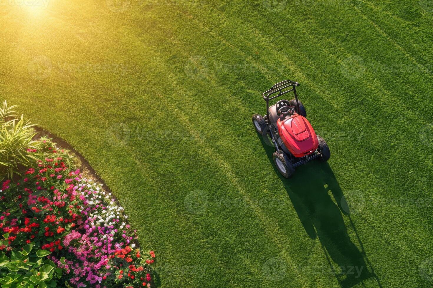 AI generated A gasoline lawn mower stands on the lawn near the house at sunset photo