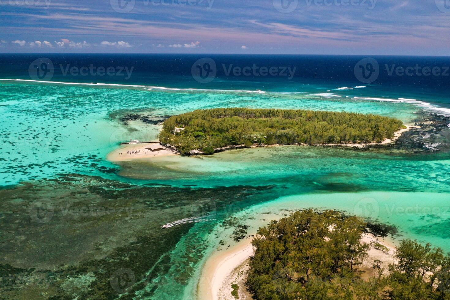 View from the height of the east coast of the island of Mauritius in the Indian Ocean. Beautiful lagoon of the island of Mauritius, photo
