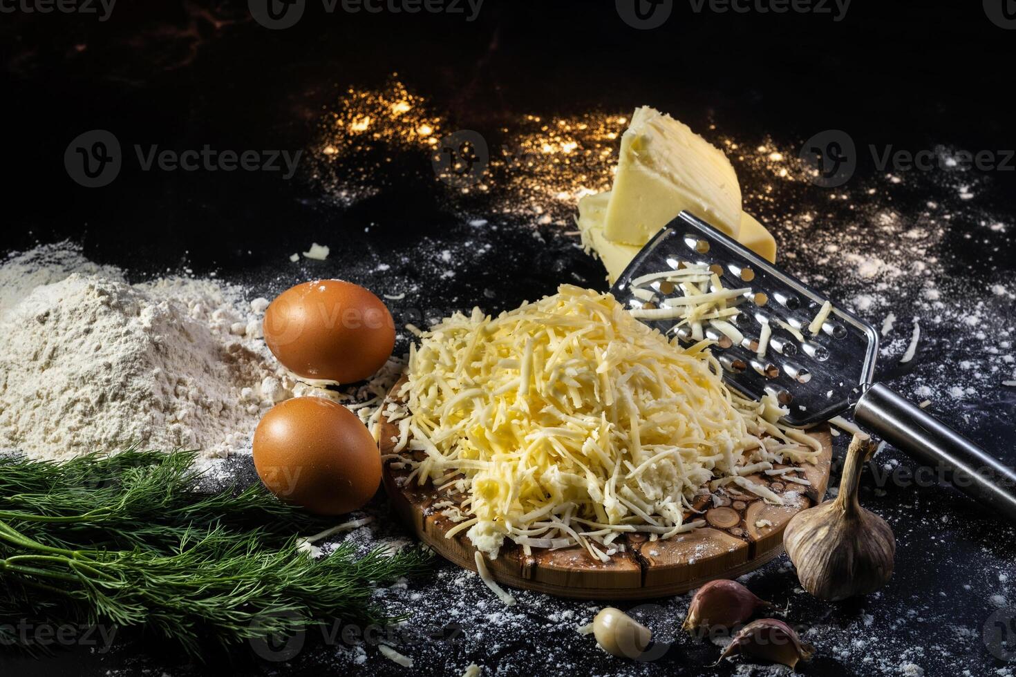 still life of the process of making cheese balls with garlic and dill on a black background photo