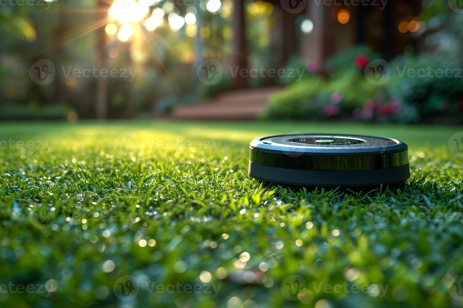 AI generated A robot vacuum cleaner is working in the courtyard on the lawn at sunset photo