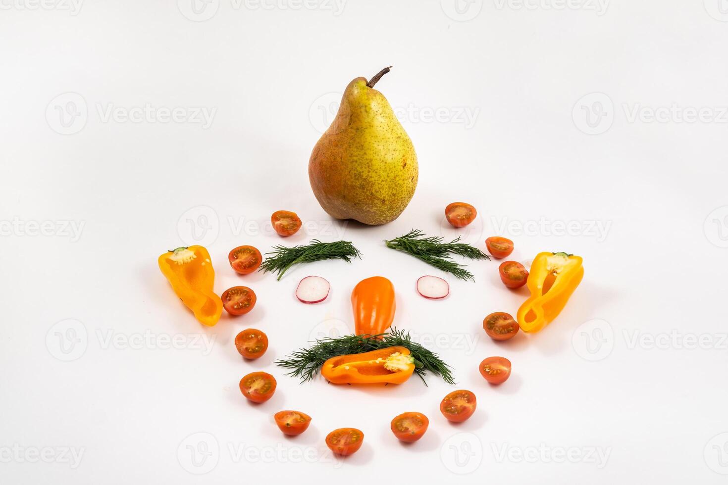 The face of a man made of sliced vegetables and a pear on his head on a white background photo