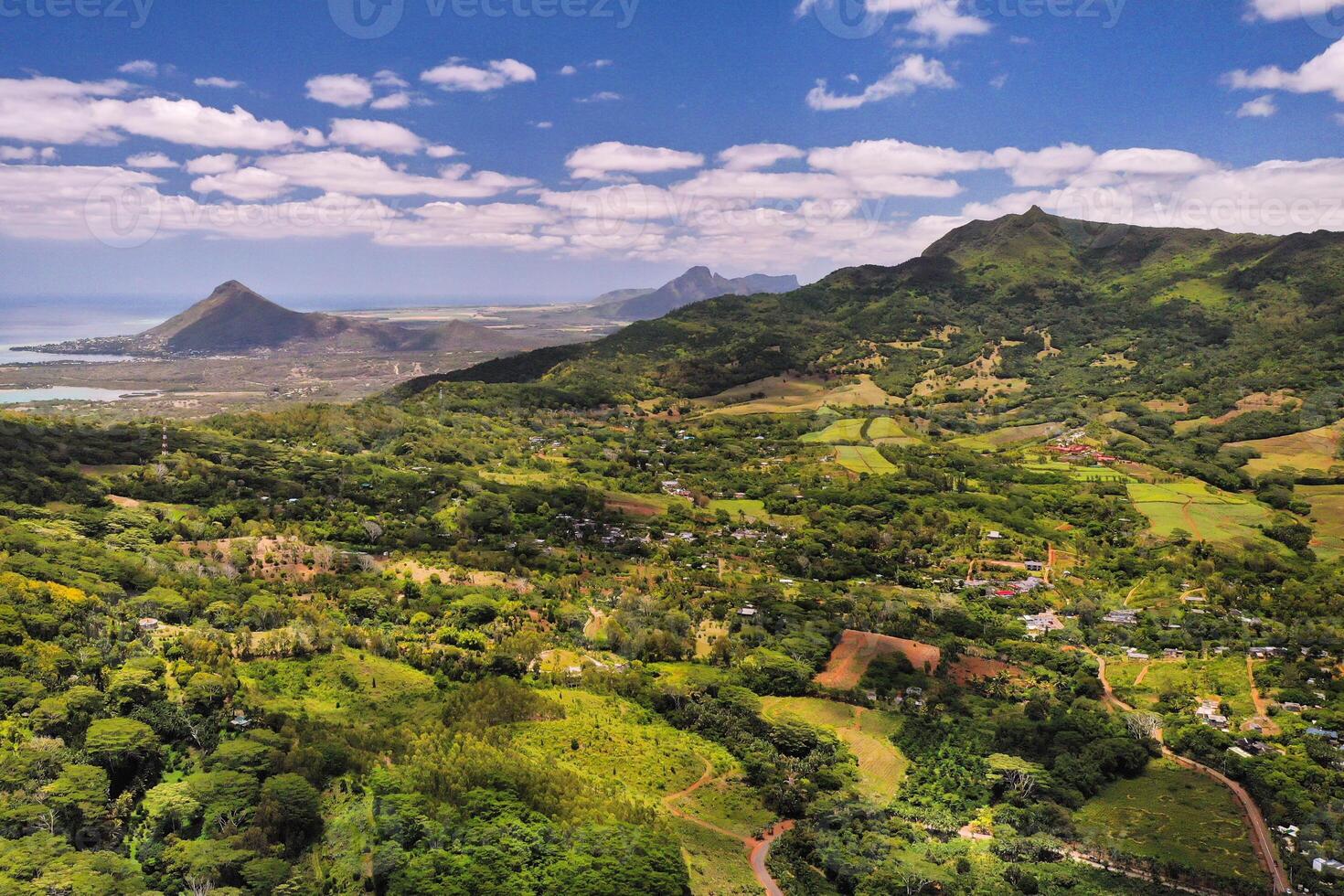 Bird's-eye view of the mountains and fields of the island of Mauritius.Landscapes Of Mauritius. photo