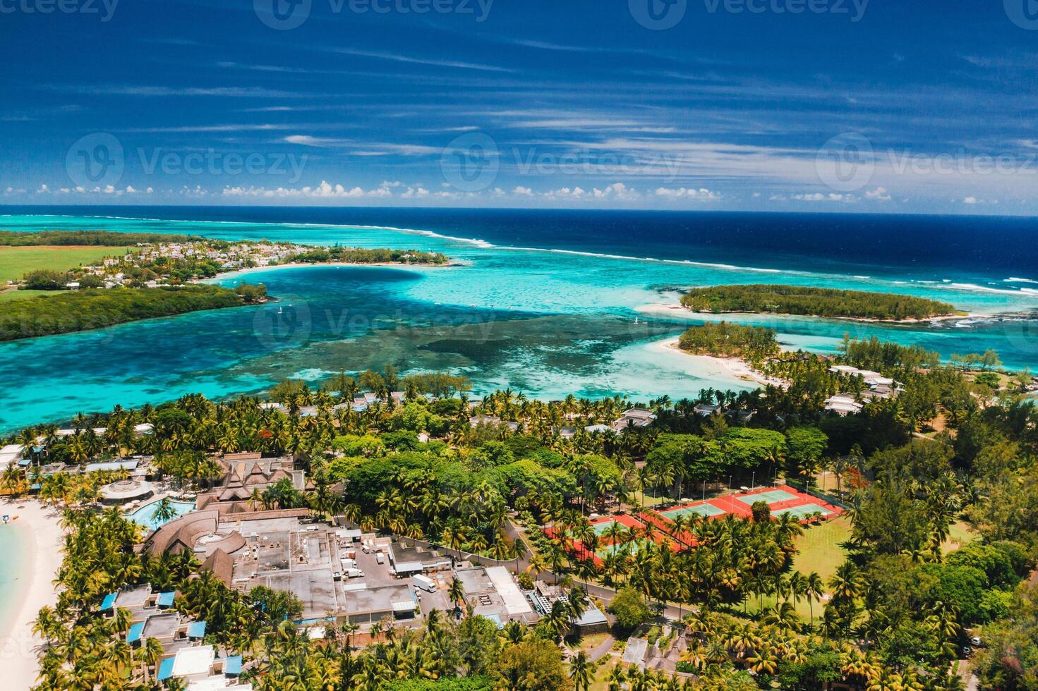 Aerial photography of the East coast of the island of Mauritius. Beautiful lagoon of the island of Mauritius, taken from above.Indian ocean coral reef photo