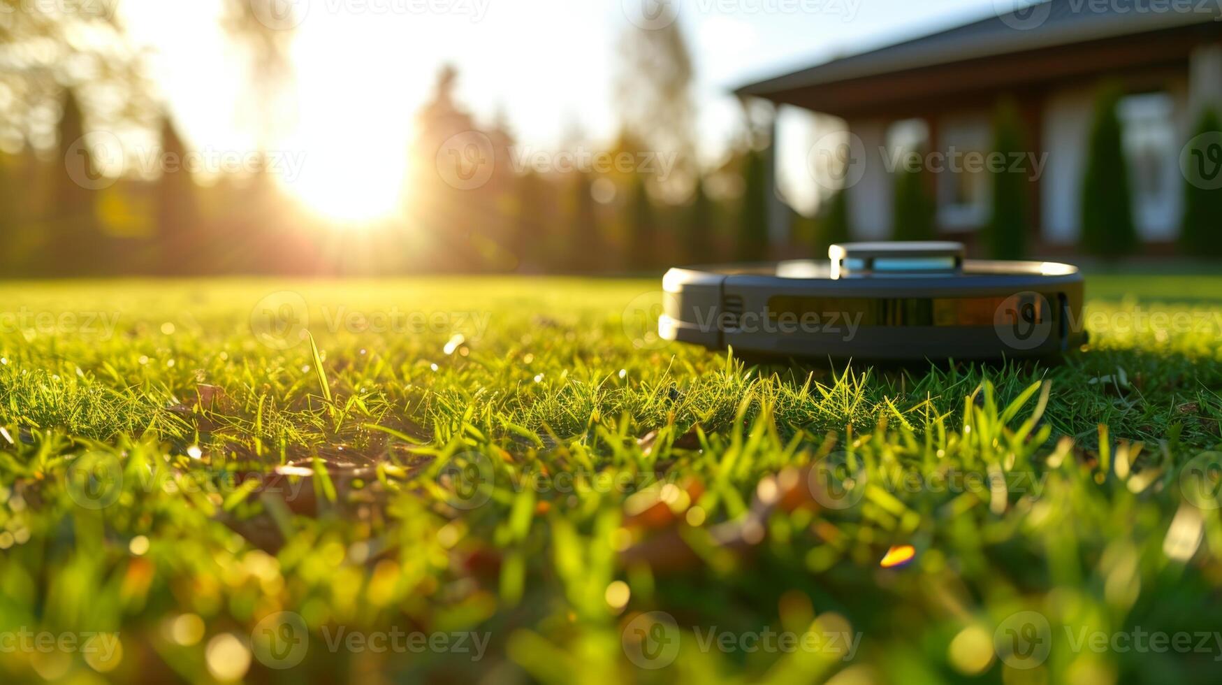 AI generated A robot vacuum cleaner is working in the courtyard on the lawn at sunset photo