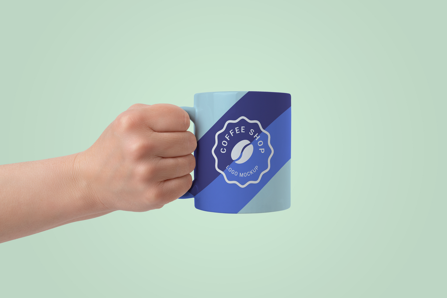 Mug held in hand, customizable with various logo designs and colors psd