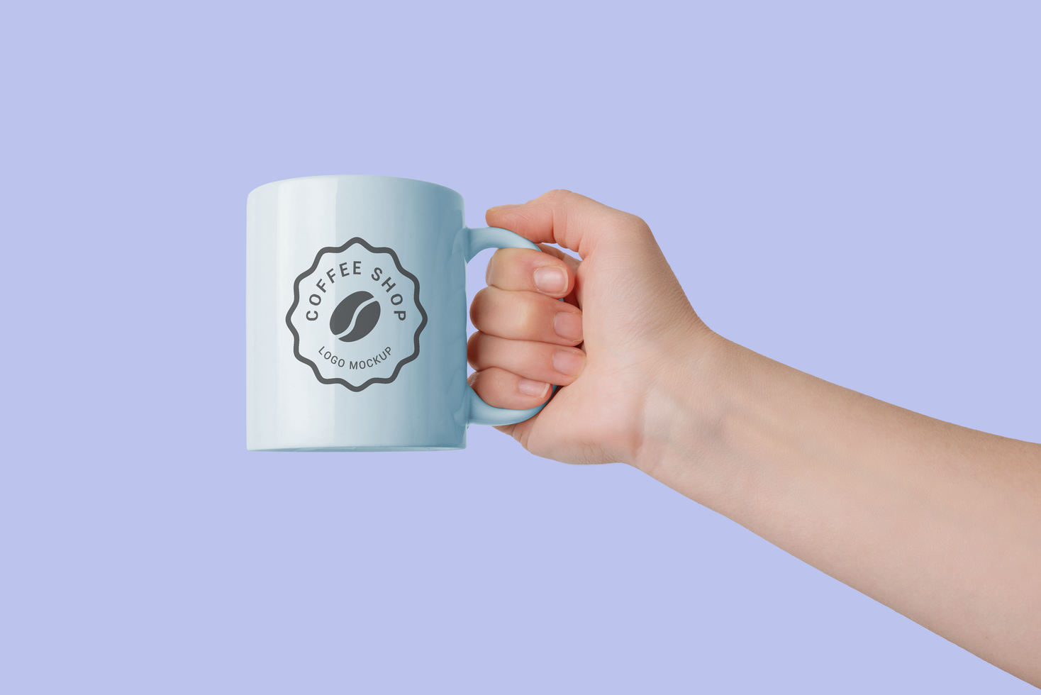 Hand holding mug logo mockup for promotional branding, with customizable background and mug color psd