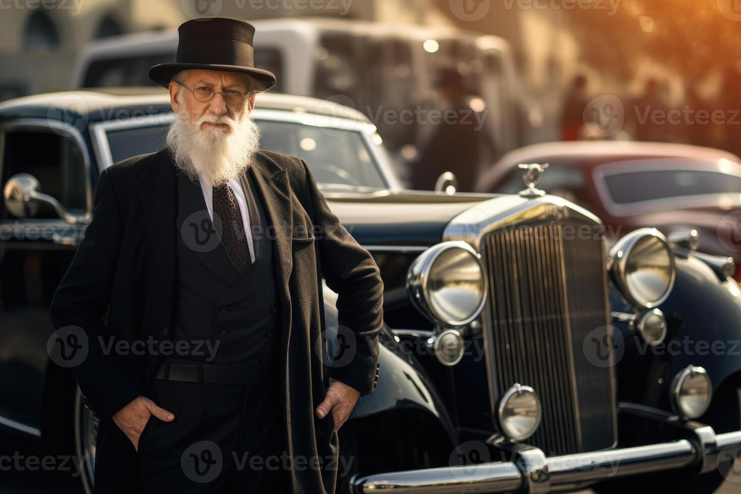 AI generated A portrait of an elderly man in black clothes and a hat stands against the background of vintage cars photo