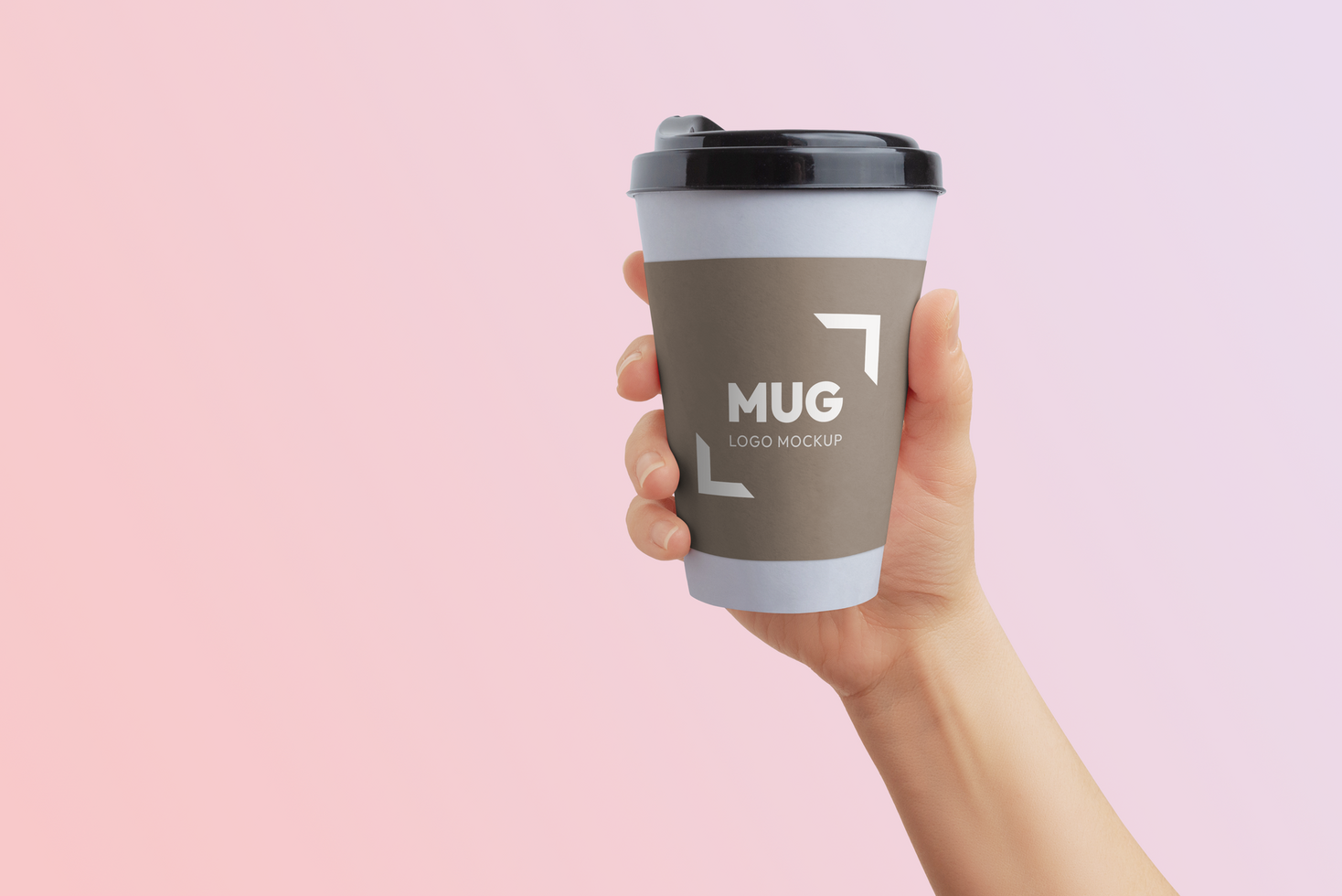 Paper cup with sleeve, changeable colors, held in hand. Logo branding mockup psd