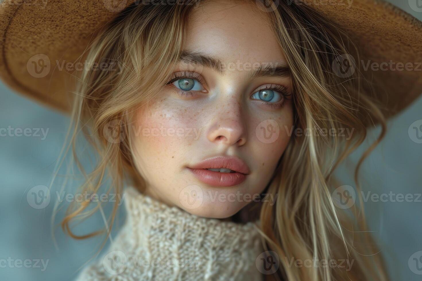 AI generated Portrait of a beautiful young girl in a warm sweater and hat on a close-up background photo