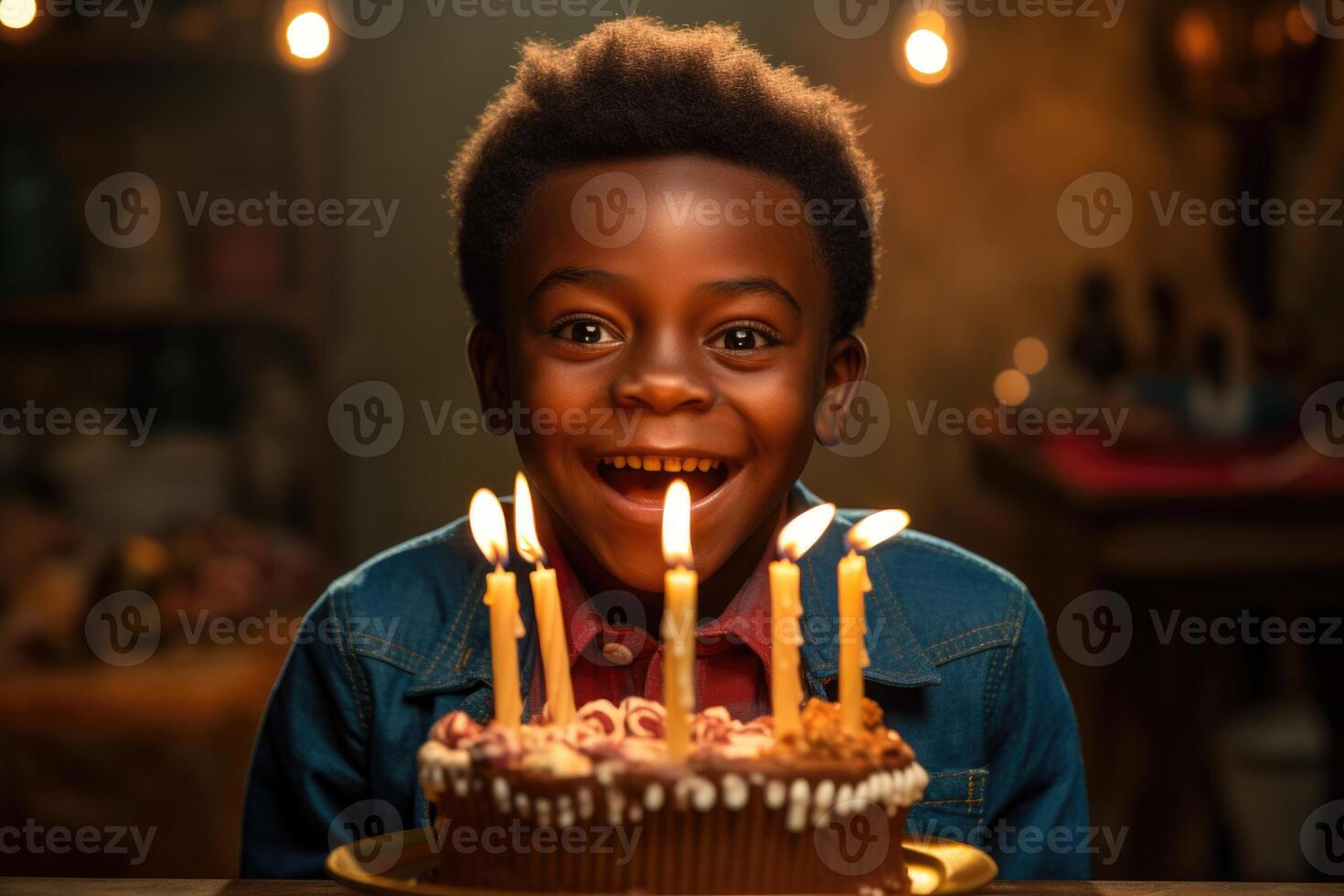 AI generated An African boy blows out candles on a birthday cake in his home photo