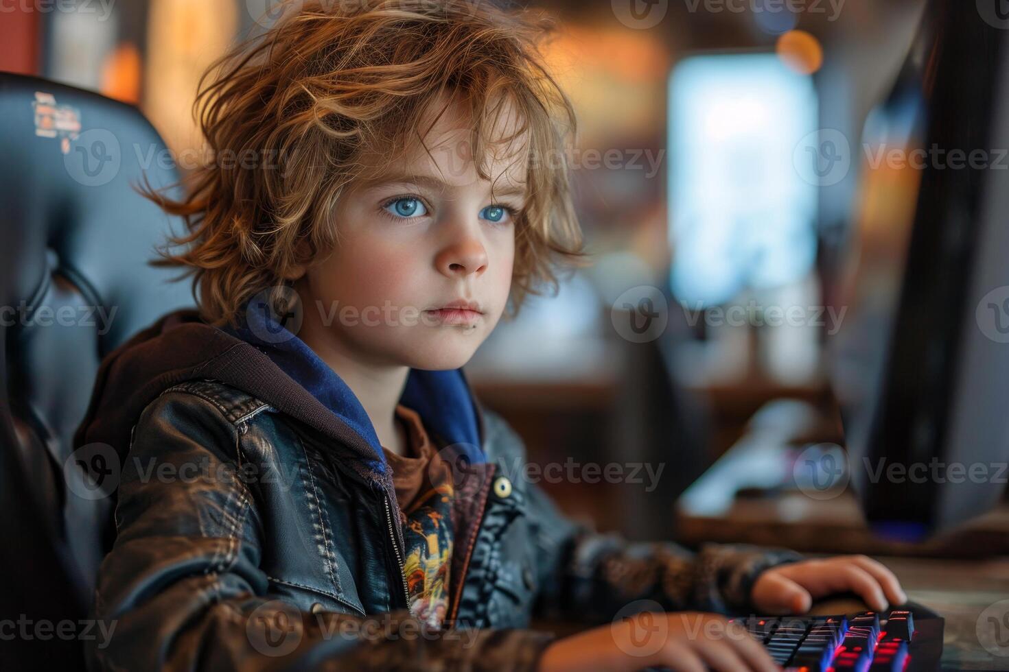 AI generated A charming streamer boy is playing a video game on a computer with a calm expression on his face photo