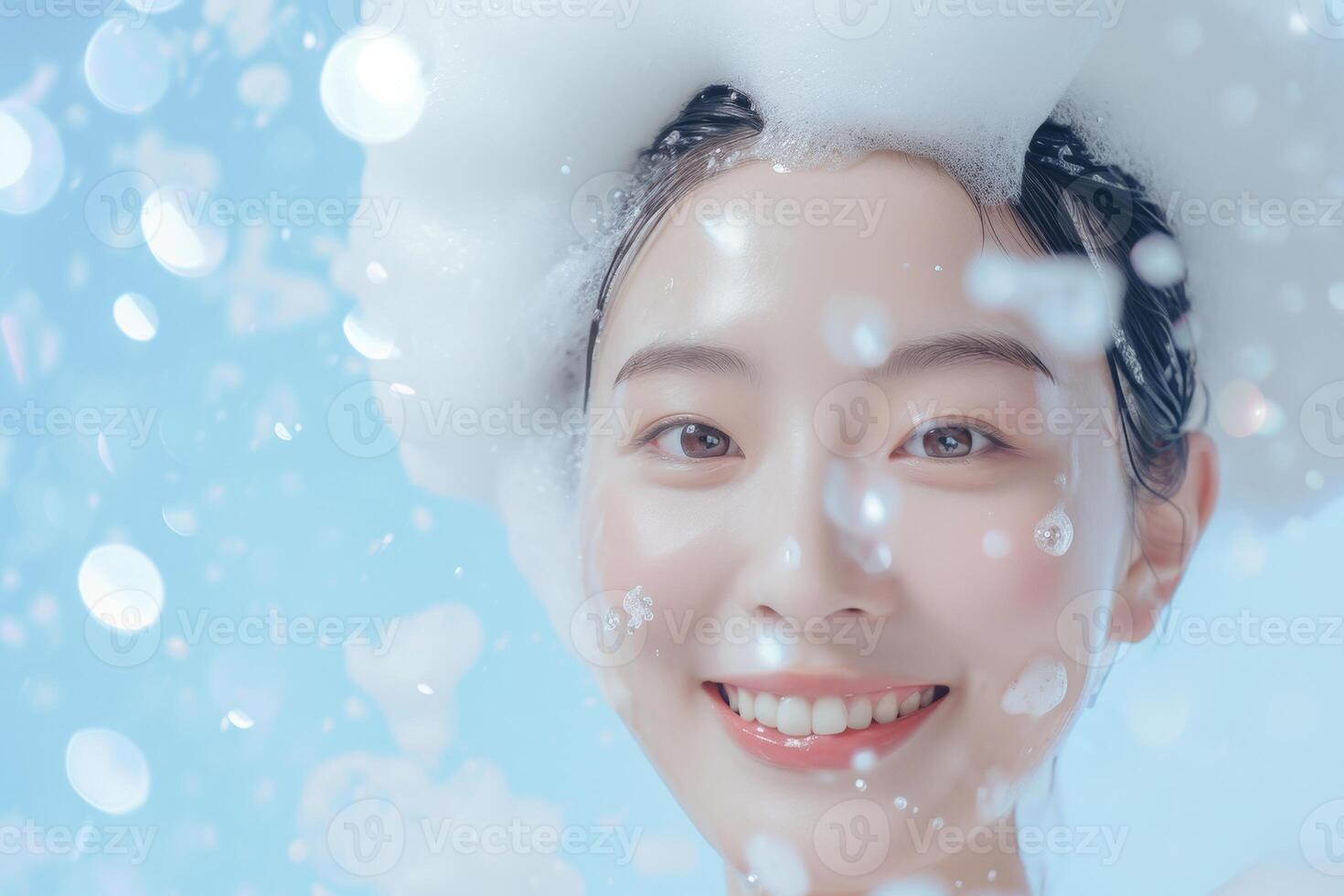 AI generated Asian girl's face in soap suds and bubbles on blue photo