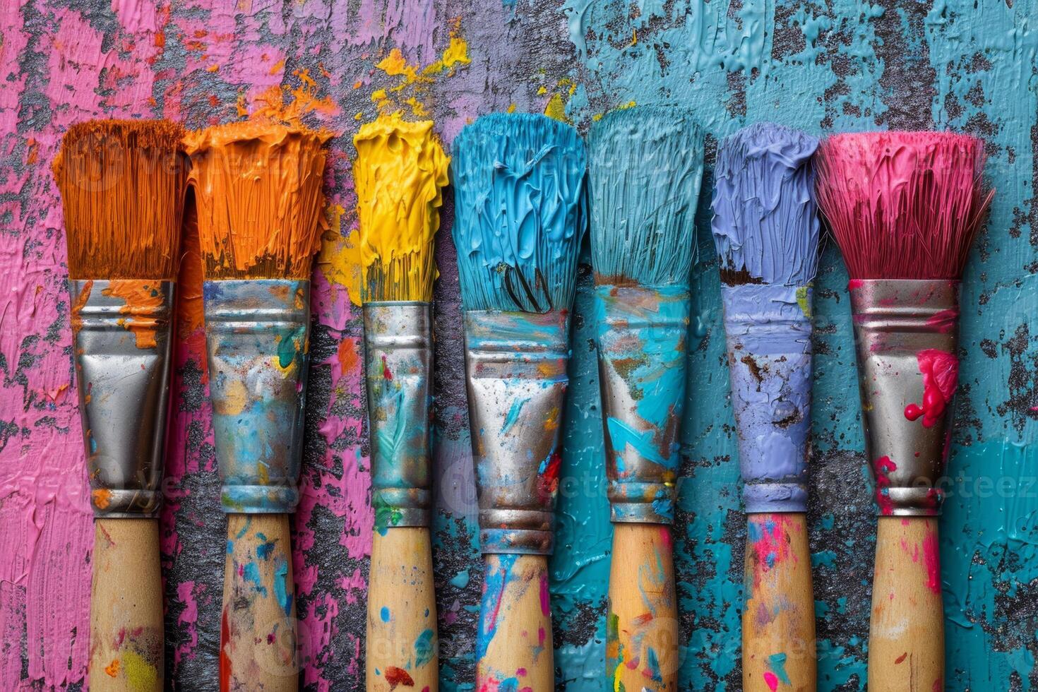 AI generated Artistic brushes smeared in paint on a background covered with multicolored oil paints photo