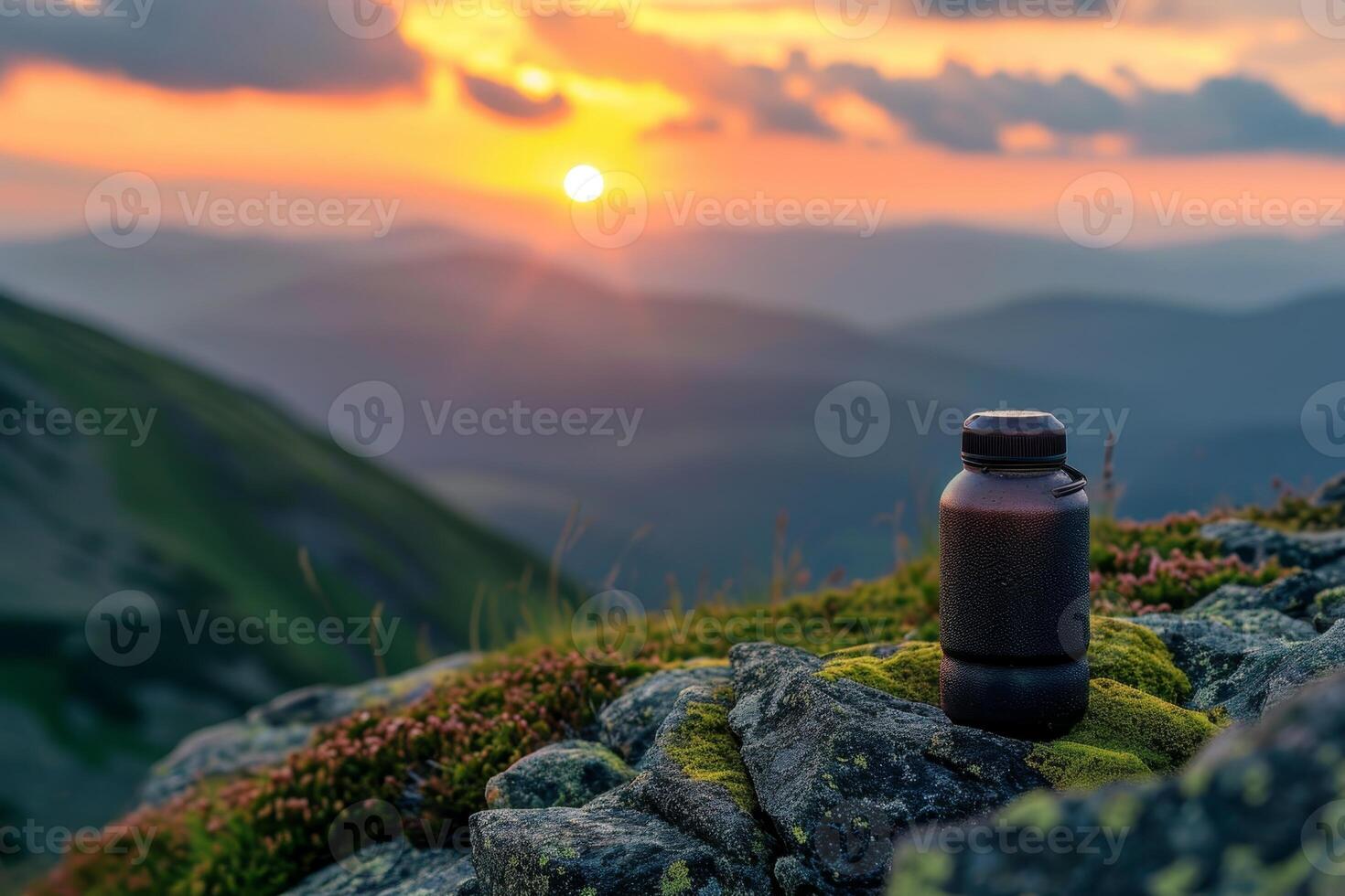 AI generated An outdoor thermos flask stands on a rock at sunset photo