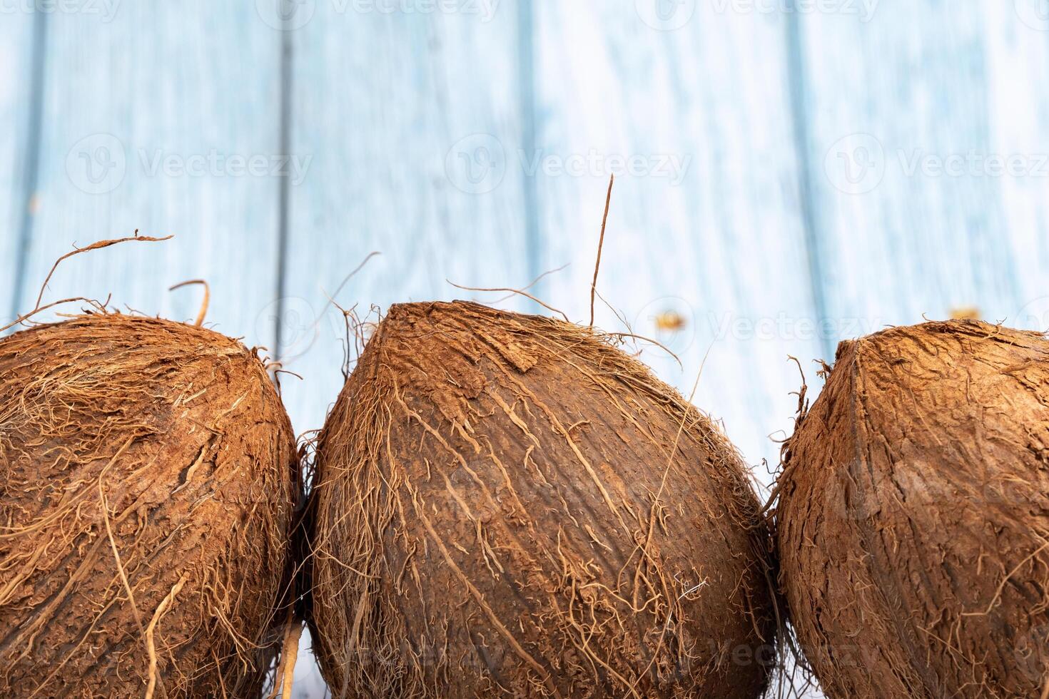 Whole coconuts on a blue wooden background.three shaggy coconuts lie on an isolated background photo