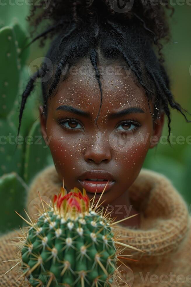 AI generated An African-American girl holds a flower pot with a green cactus. Environmental protection and activism. Gardening and planting plants at home photo