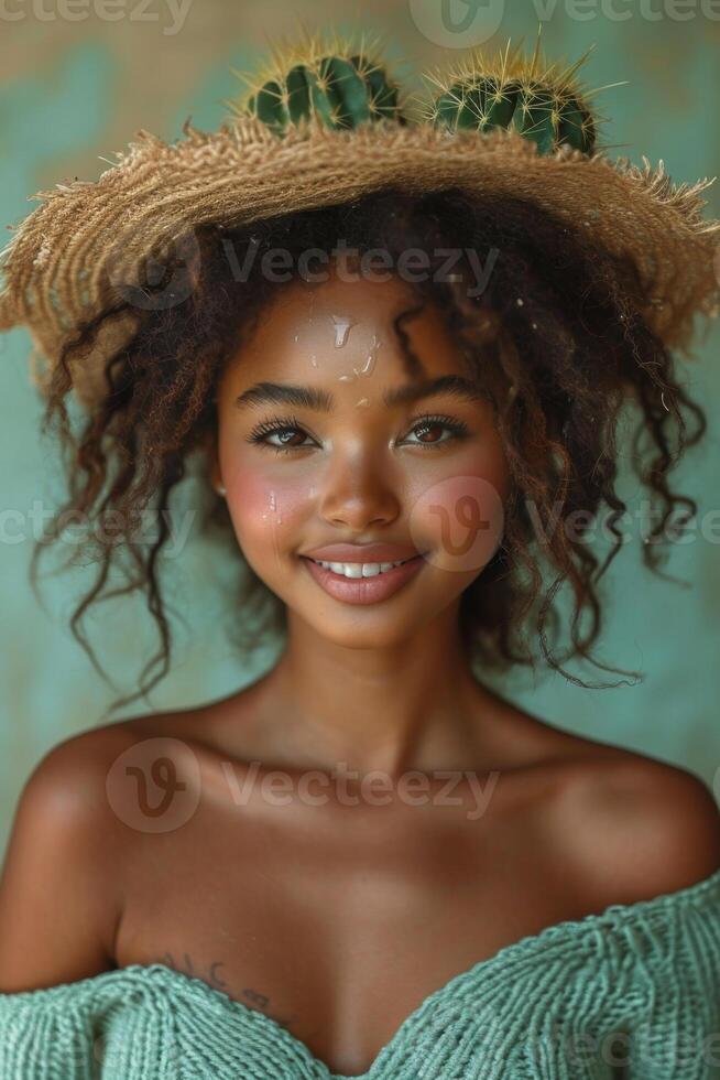 AI generated An African-American girl holds a flower pot with a green cactus. Environmental protection and activism. Gardening and planting plants at home photo