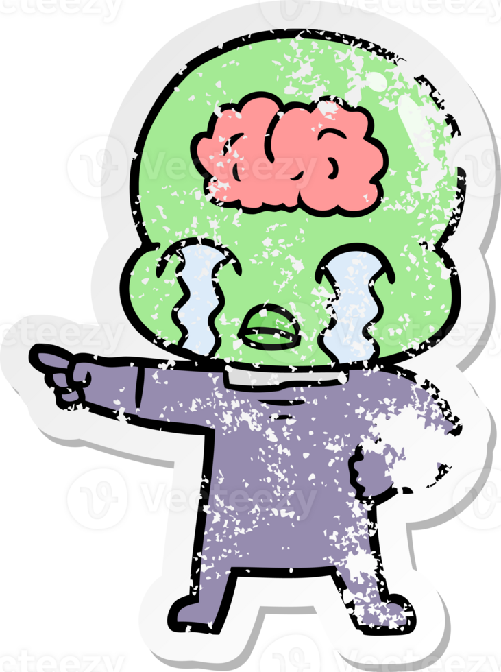 distressed sticker of a cartoon big brain alien crying and pointing png