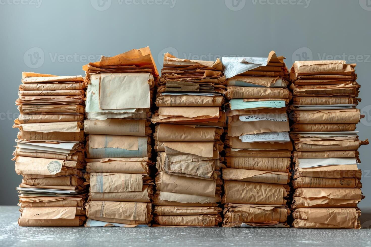 AI generated A stack of sheets of paper on the table, Paper documents stuck on the table. Business concept photo