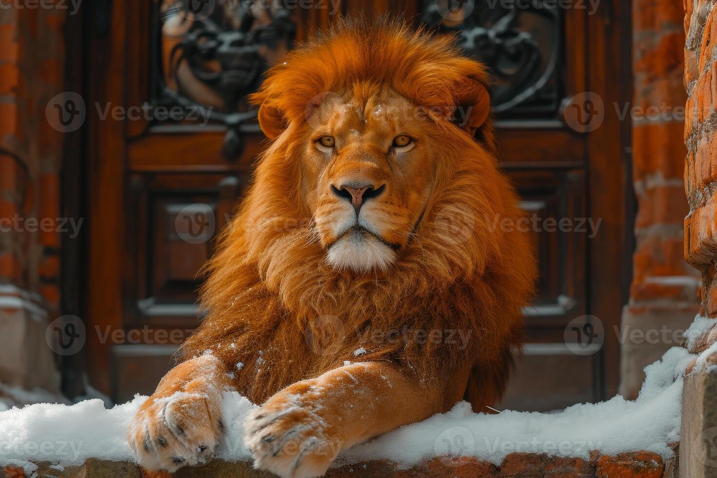 AI generated A big lion is sitting guarding the front door of the house photo