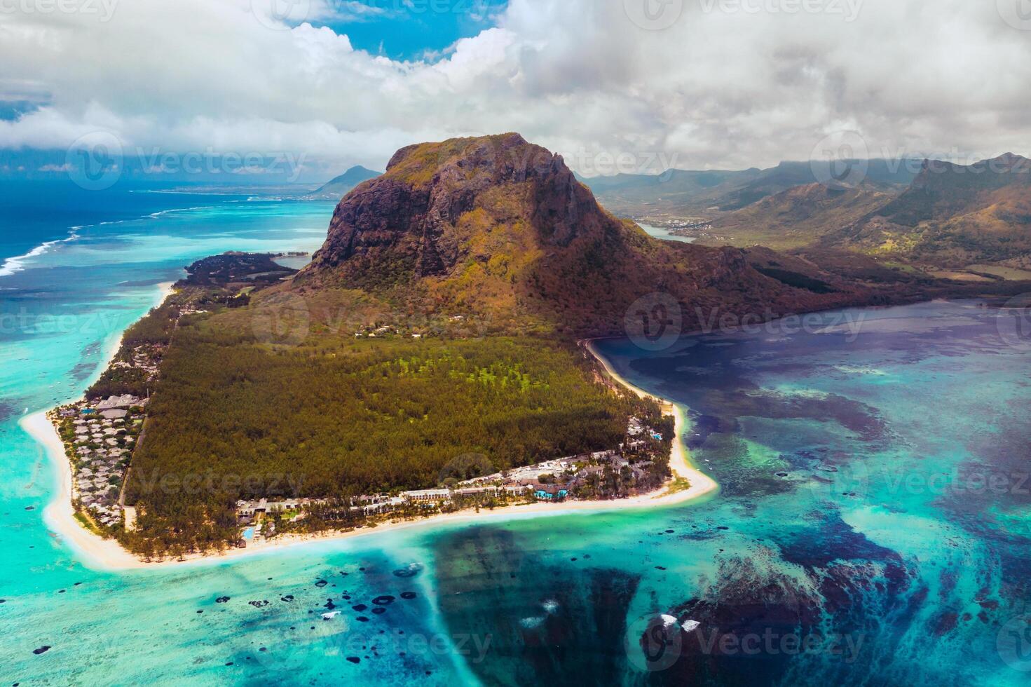 A bird's-eye view of Le Morne Brabant, a UNESCO world heritage site.Coral reef of the island of Mauritius photo