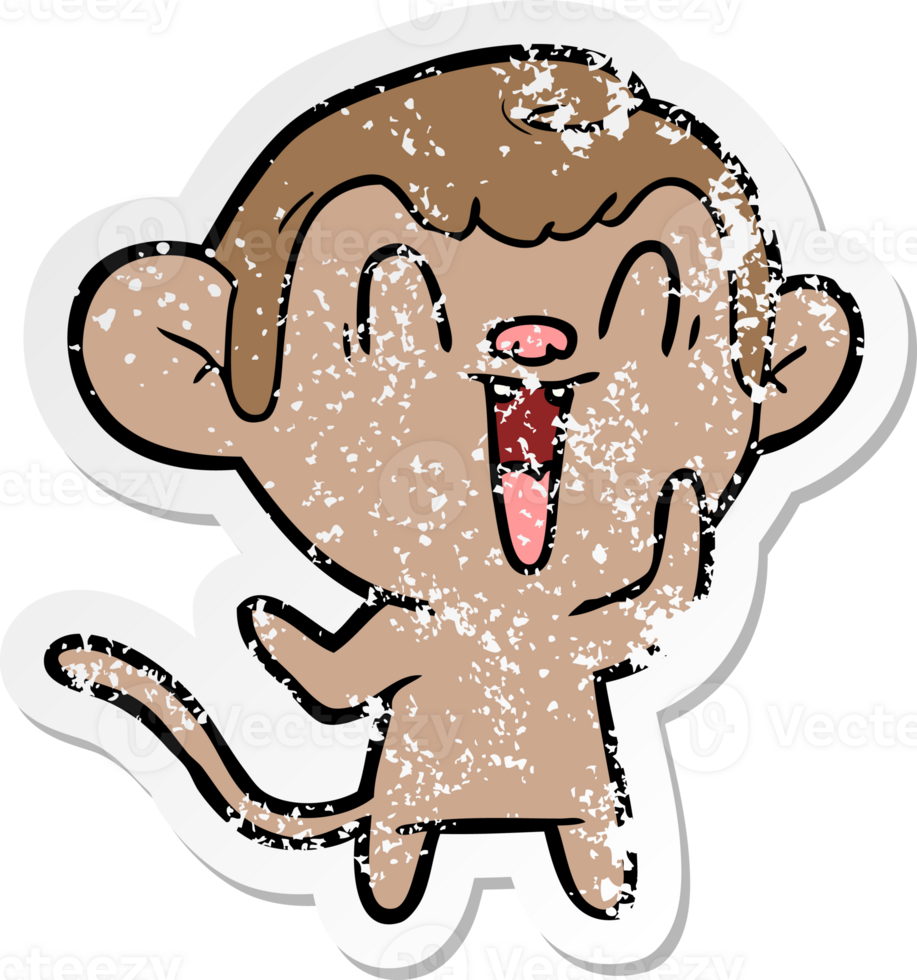 distressed sticker of a cartoon laughing monkey png