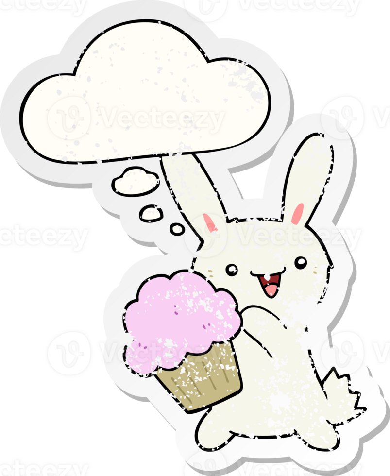 cute cartoon rabbit with muffin and thought bubble as a distressed worn sticker png