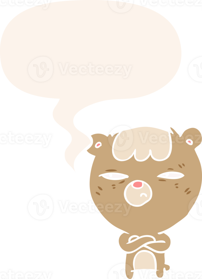 cartoon annoyed bear and arms crossed and speech bubble in retro style png