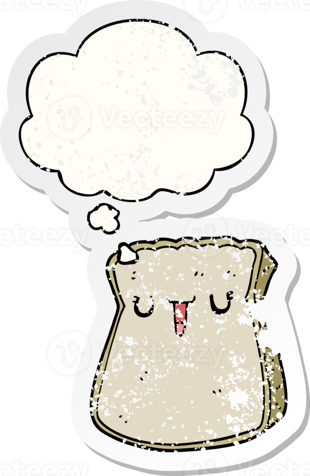 cartoon slice of bread and thought bubble as a distressed worn sticker png