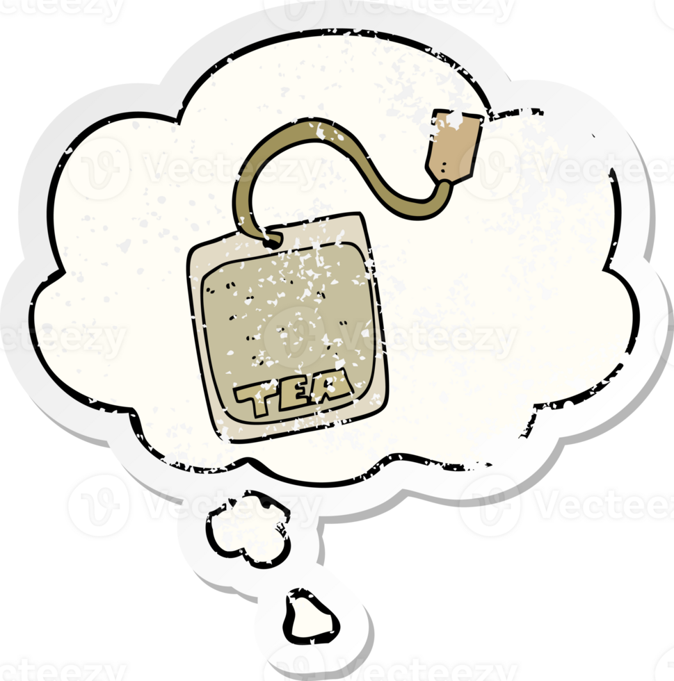 cartoon tea bag and thought bubble as a distressed worn sticker png