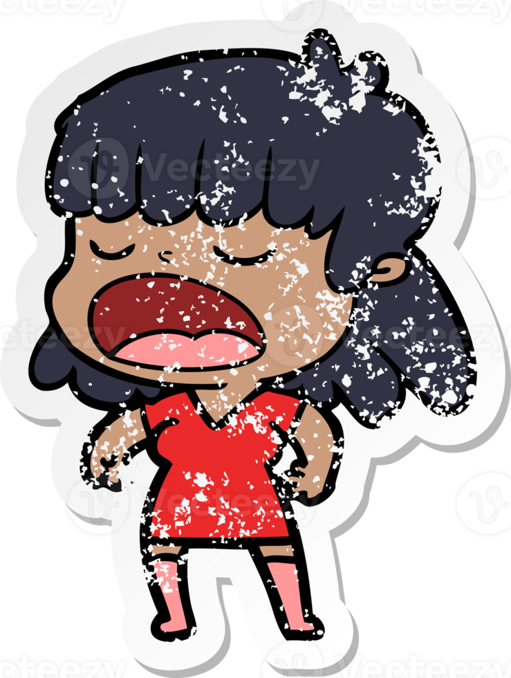 distressed sticker of a cartoon woman talking loudly png