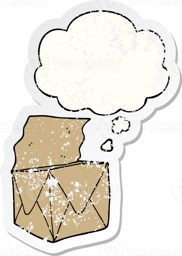 cartoon package with thought bubble as a distressed worn sticker png