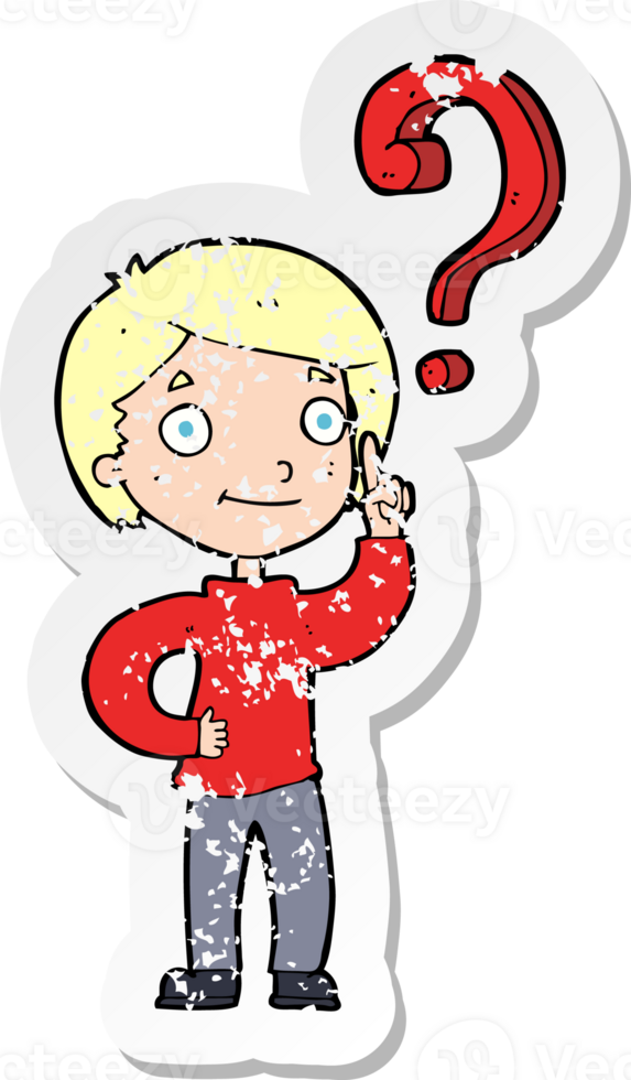 retro distressed sticker of a cartoon boy asking question png