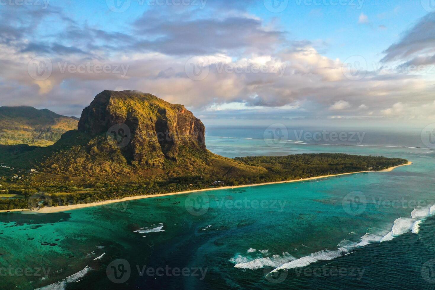 View from the height of the island of Mauritius in the Indian Ocean and the beach of Le Morne-Brabant photo